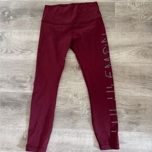 Maroon Lululemon Leggings With grey wording on side